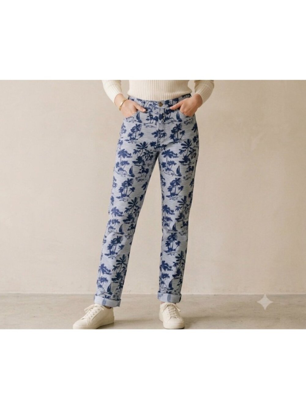 Vineyard Vines Womens Blue White Palm Tree Print Pants 14 Cotton Blend Relaxed